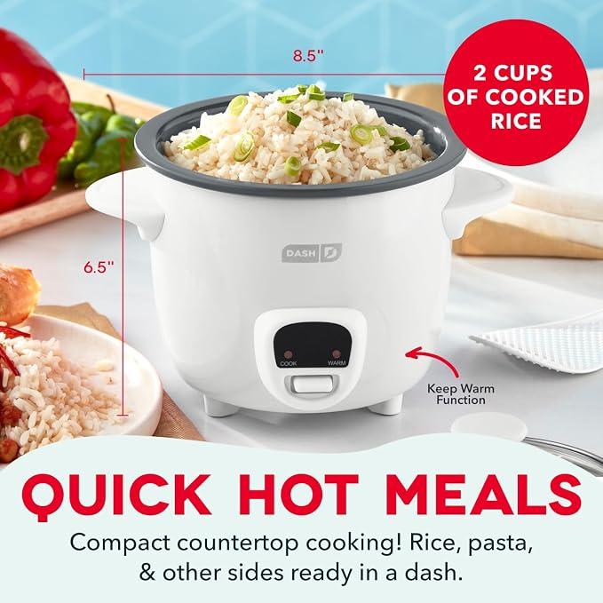 Dash Mini Rice Cooker, 2-Cup Removable Ceramic Nonstick Pot, White | Small Rice Cooker, Rice Maker for One, Keep Warm Function, Cooks Oatmeal, Quinoa & Grains