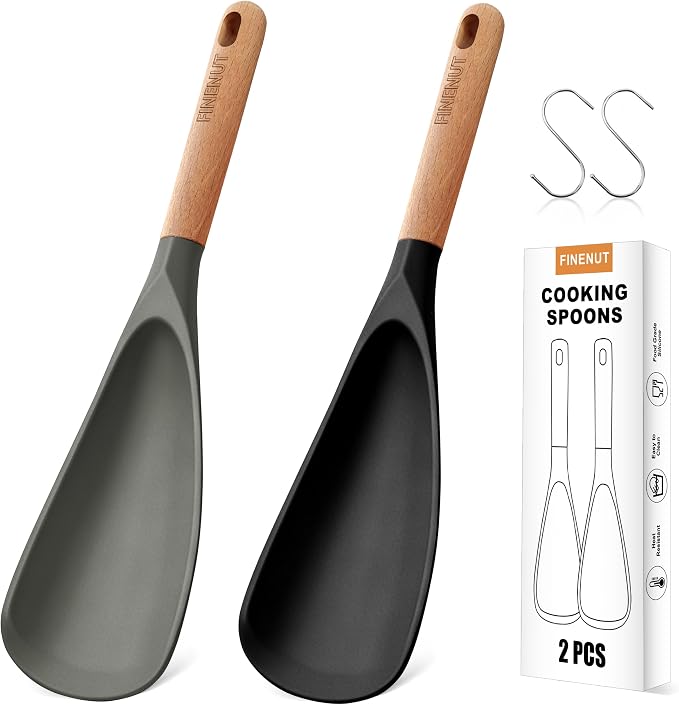 2-Pack Silicone Cooking Spoons with Wood Handle & S-Hooks - Heat Resistant 446°F Spoonula for Nonstick Cookware - BPA Free Multifunction Spatula Spoon for Mixing, Scooping&Serving