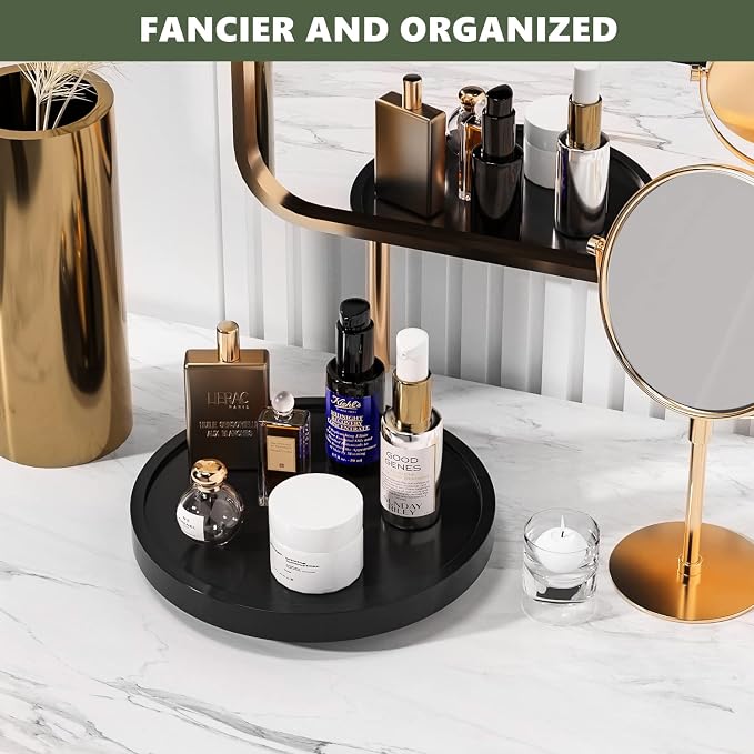Turntable Vanity Tray, 9 Inch Bamboo Kitchen Sink Countertop Organizer | Perfume Candle Tray, Keep Glass Sponge and Soap, Bathroom Countertop Organizer, Black