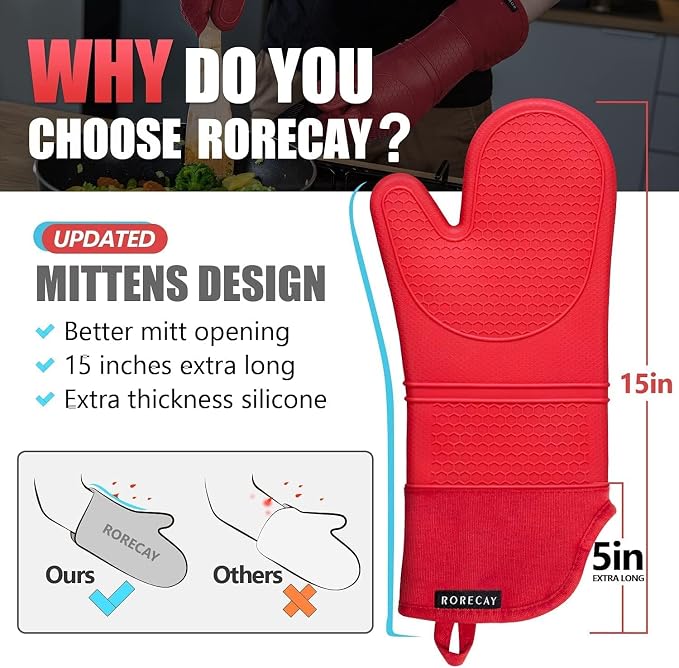 RORECAY Silicone Oven Mitts and Pot Holders Sets, Gloves for Kitchen, Red | Set of 6 Kitchen Mitts for Baking & Cooking, Heat Resistant 500 ℉, 15" Extra Long, Non-Slip & Waterproof, Quilted Cotton