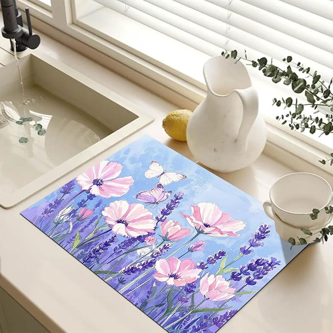 HOMETITUTE Stove Top Cover 28x20 Pink Floral Purple Garden Diatomite Mat