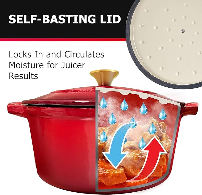 MUELLER HOME 7.5 QT Enameled Cast Iron Dutch Oven, Heavy-Duty Casserole Dish and Braiser Pan with Lid and Stainless Knob, Oven-Safe up to 500° F & Across All Cooktops, Red | Heavy-Duty Casserole Dish and Braiser Pan, Lid with Stainless Knob, Oven-Safe ...