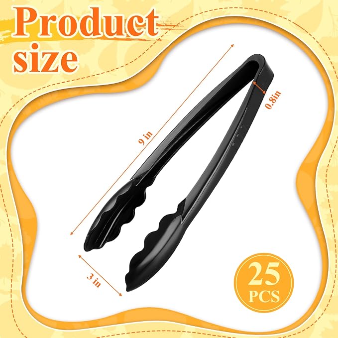 Tessco for you 25 Pcs Plastic Tongs for Serving Bulk, 9 Inch Plastic Disposable Serving Tongs, Heavy Duty Salad Tong for Kitchen, Buffet, BBQ, Events & Catering (Black)