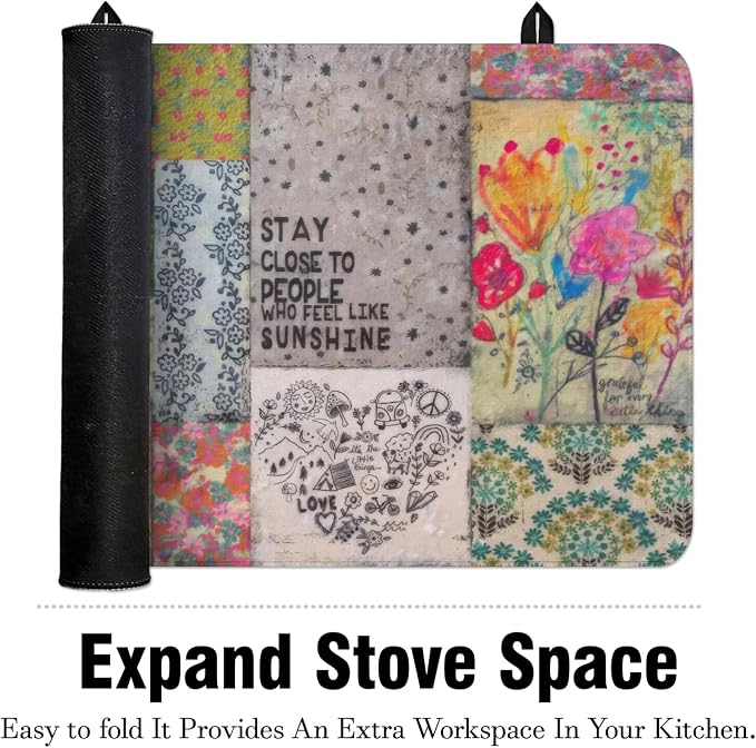 Boho Glass Stove Top Cover for Electric Stoves,Flower Floral Farmhouse Stove Top Cover for Kitchen Decor,Heat Resistant Cooktop Protector Mat,Non-Slip Washable Dish Drying Mat 28"x20"