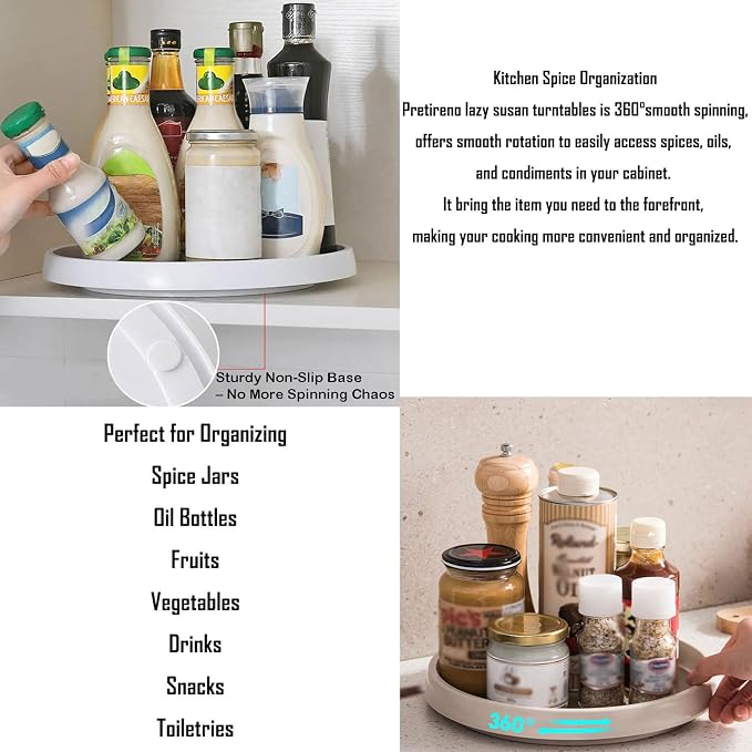 2 Tier Non Skid Spice Rack Turntable, 10 Inch Spinning Organizer, Non Skid Lazy Susan Turntable, 360° Rotating Seasoning Organizer for Kitchen, Pantry Cabinet, Refrigerator, Bathroom, Gray & White