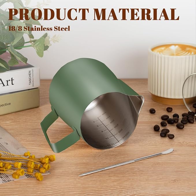 Amrules Milk Frothing Pitcher 12oz Frother Cup Barista Tools, Green | 18/8 Stainless Steel, 12oz Capacity with Clear Scale, with Decorating Pen, Ergonomic Handle, for Cappuccino, Latte & Espresso