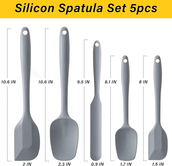 Silicone Spatula Set,5 Piece Food Grade Rubber Spatulas,Grey | Spatulas Silicone Heat Resistant for Baking,Cooking,and Mixing High Heat Resistant Non Stick Dishwasher Safe BPA-Free