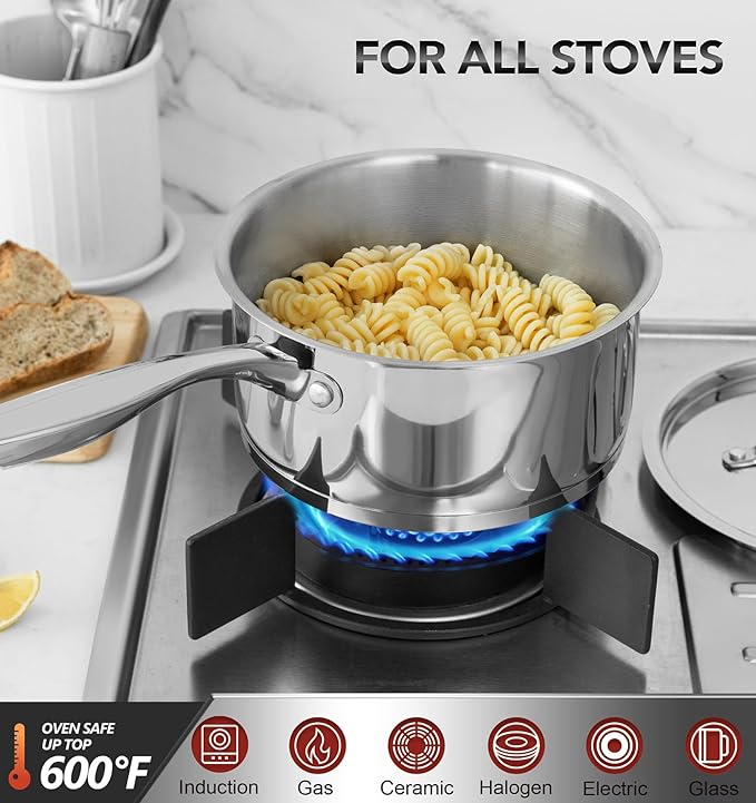 MICHELANGELO Stainless Steel Saucepan Set with Lids, 1QT & 2QT Small Sauce Pans, 304 Stainless Steel Sauce Pot Set with Tri-Ply Base, Induction Compatible, Dishwasher Safe, for Milk, Sauce, Soup