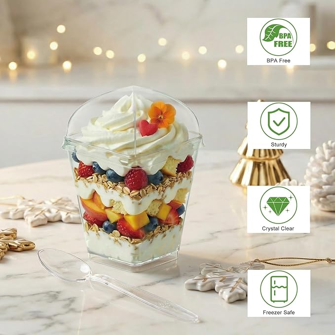 5 oz Plastic Dessert Cups with Lids and Spoons, 30 Pack | Clear Square Mini Reusable Parfait Appetizer Cups, Shooter Serving Cups, Party Dessert Shot Glasses for Tasting