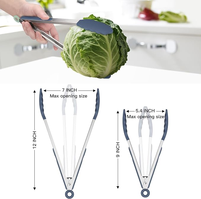 HOTEC Premium Stainless Steel Locking Kitchen Tongs with Silicon Tips, Set of 2-9" and 12",Dusty Blue