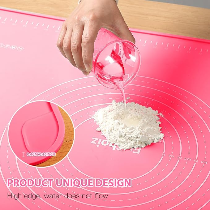 Silicone Pastry Mat 24"*16" Extra Thick Non Stick Baking Mat Food Grade Silicone Dough Rolling Bake Mat with Edge Heightening Pink