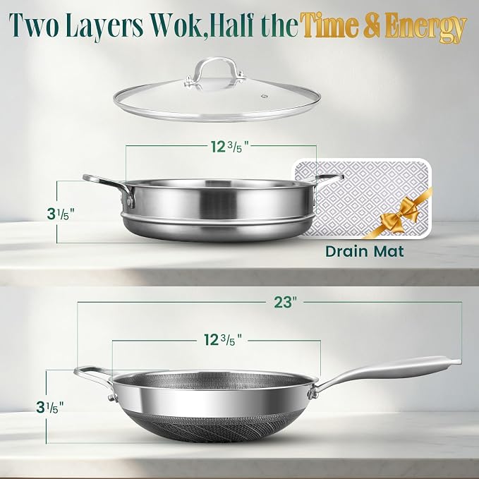 AOSION Hybrid 13 Inch Wok with Steamer, Nonstick Stainless Steel Wok | Wok Pan & Stir-Fry Pans