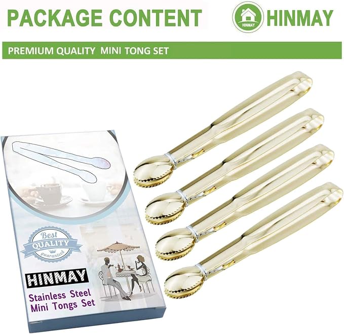 HINMAY Mini Appetizer Tongs 5.75" Stainless Steel Tongs, Set of 4 (Gold) | Small Tongs for Serving, Tea Party, Coffee Bar, Desserts