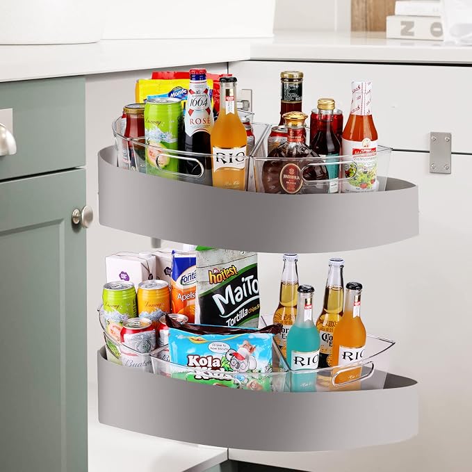 URALFA lazy susan organizer for cabinet, 1/8 Wedge, 6 Pack | Plastic Storage Containers with Non-Slip Pads, Fits 26"/28"/32" Corner, Food Safe & BPA-Free, Stackable Wedge Design