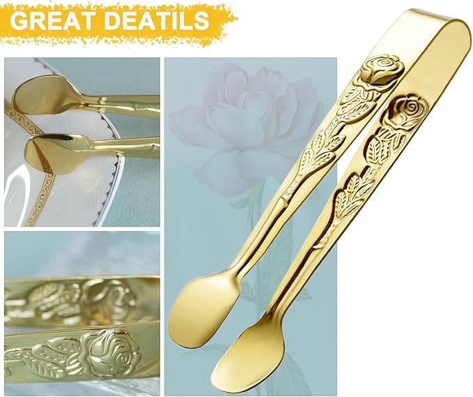 HINMAY 6PCS Mini Serving Tongs 5" Small Rose Appetizer Tongs (Gold) | Tiny Metal Tong for Tea Party, Coffee Bar, Desserts