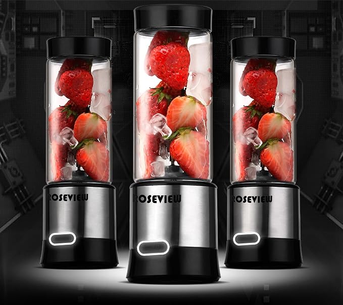 Portable Smoothie blender ROSEVIEW Glass bottle USB rechargeable mini Handheld Ice Shakes Cup blend juicer Cordless blender bottle Personal smoothies maker Fruit mixer