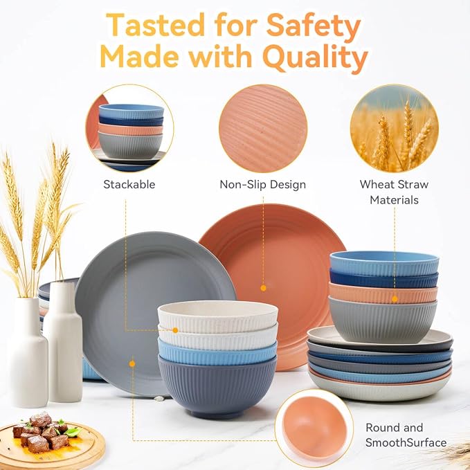Wheat Straw Dinnerware Sets,64-Piece Plates and Bowls Sets for 8-Unbreakable,Reusable Plastic Dish Set-Dinner Plate/Dessert Plate/Cereal Bowl/Cup/Utensils-Microwavable Dishwasher Safe 64P-Blue