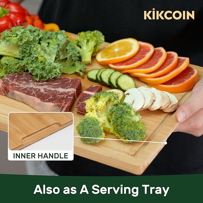 Kikcoin 17"×11" Bamboo Cutting Boards for Kitchen, Knife-Friendly Food Grade Wooden Cutting Boards for Kitchen, Charcuterie, Extra Large Chopping Boards with Deep Juice Groove, Reversible, Natural