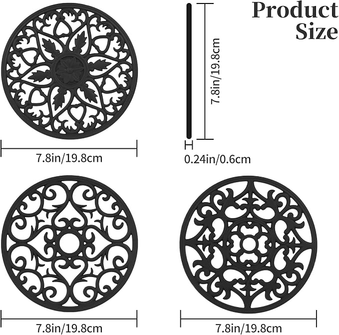 Silicone Trivets Mats for Hot Pots and Pans, Multi Purpose Trivets Mat -Heat Resistant Silicone Trivet Intricately Carved Hot Pads Set of 6 (A: Style 1-Black)