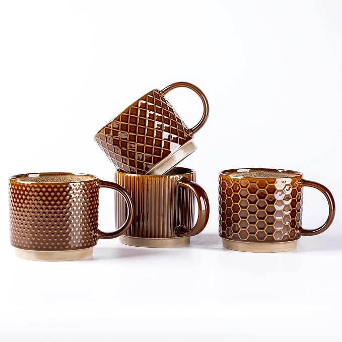 GBhome 6 OZ Stackable Coffee Mugs Set of 4, Ceramic Coffee Cups Set | 4 Assorted Designs, Embossed Mugs with Texture Patterns for Espresso/Tea, Dishwasher&Microwave Safe, Caramel