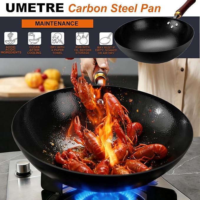Carbon Steel Wok Pan, 11.8-Inch Nonstick Pre-Seasoned Woks & Stir-Fry Pans with Glass Lid, No Chemical Coated Wok Round Bottom Hand Hammered Chinese Wok for Gas Stoves