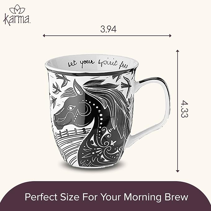 Karma Gifts 14 oz Black and White Boho Mug Horse - Cute Coffee and Tea Mug - Ceramic Coffee Mugs for Women and Men