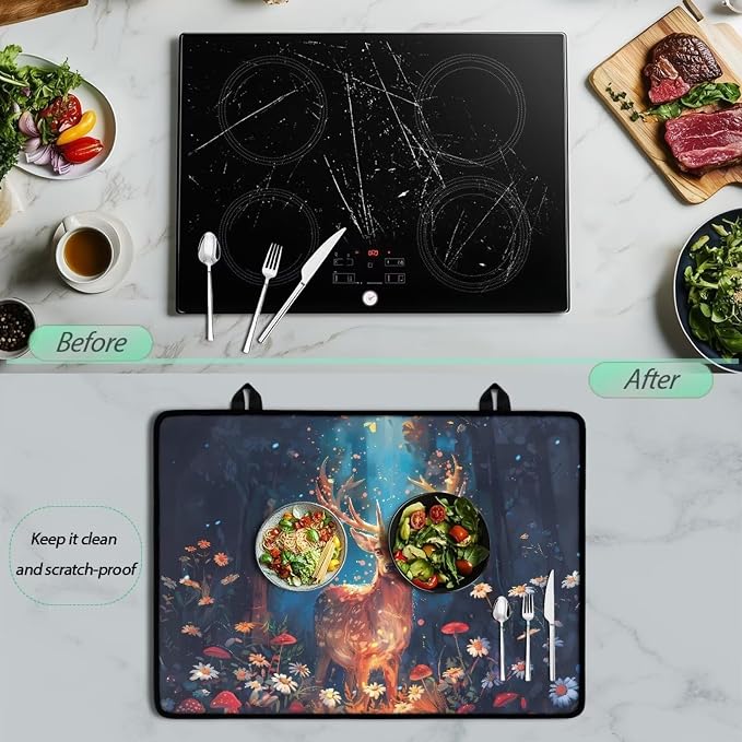 Reindeer Mushroom Daisy Flower Tree Print Electric Stove Top Cover Anti-Slip Stovetop Protector Pad 29.18 x 20.96 inch Glass Cooktop Cover Dish Drying Mat Range Covers for Friend
