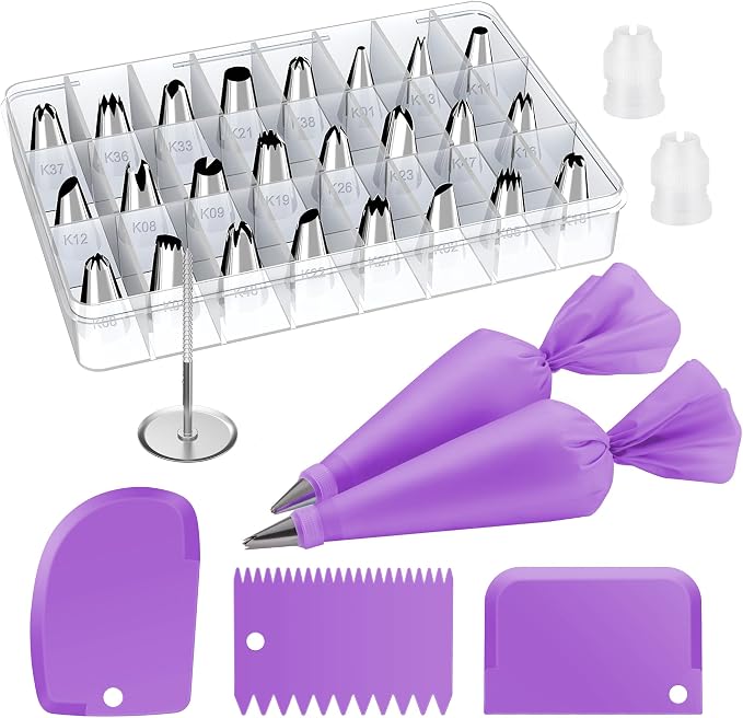 Kootek 32 Piping Bags and Tips Set Frosting Piping Kit for Beginners & Pros | Storage Case, Baking Supplies Tools, 24 Icing Tips, 2 Reusable Piping Bags, 3 Scrapers, for Cupcake Cookie Cake Decorating