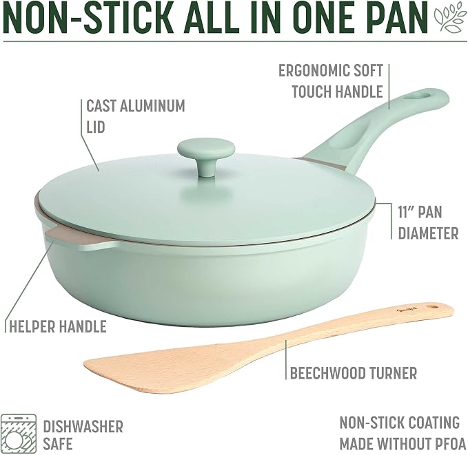 Goodful All-in-One Pan, Multilayer Nonstick Cookware Set, High-Performance Construction, Multipurpose Design Replaces Multiple Pots and Pans, Dishwasher Safe, 11-Inch, 4.4-Quart Capacity, Sage Green
