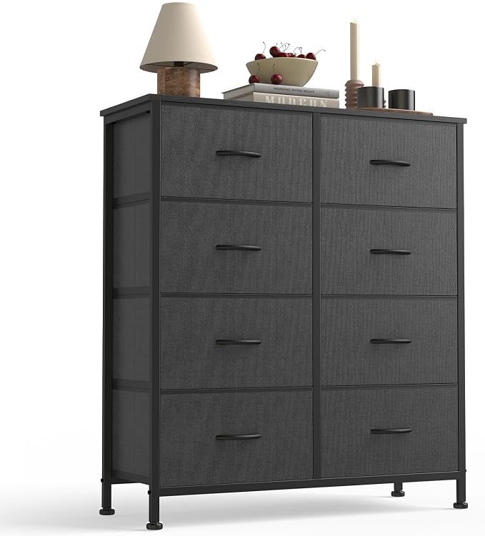 Sweetcrispy 8 Drawer Dresser with Fabric Bins for Bedroom Storage, Grey | Closet Organizer, Tall Chest of Drawers with Steel Frame and Wood Top, Easy Pull Handles, Hallway Entryway