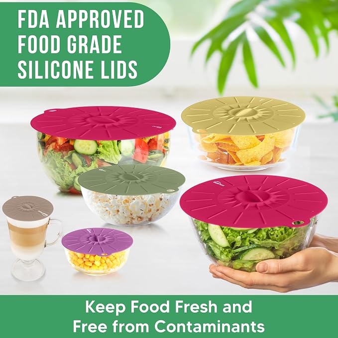 Silicone Lids for Food Storage - 5 Pack - 5 Sizes - Food Grade - Reusable Silicone Bowl Covers for Pots and Pans - Microwave Splatter Cover - Fits Cups, Plates,-Stove, Oven, Fridge, Dishwasher Safe