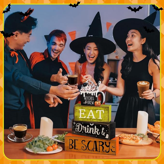 Lineshading 4 Pcs Halloween Wooden Block Signs, Eat Drink Be Scary Decor | Stackable Tiered Tray Decor for Farmhouse Table, Witches Brew Mug Topper, Rustic Wood Signs for Coffee Bar or Mantel