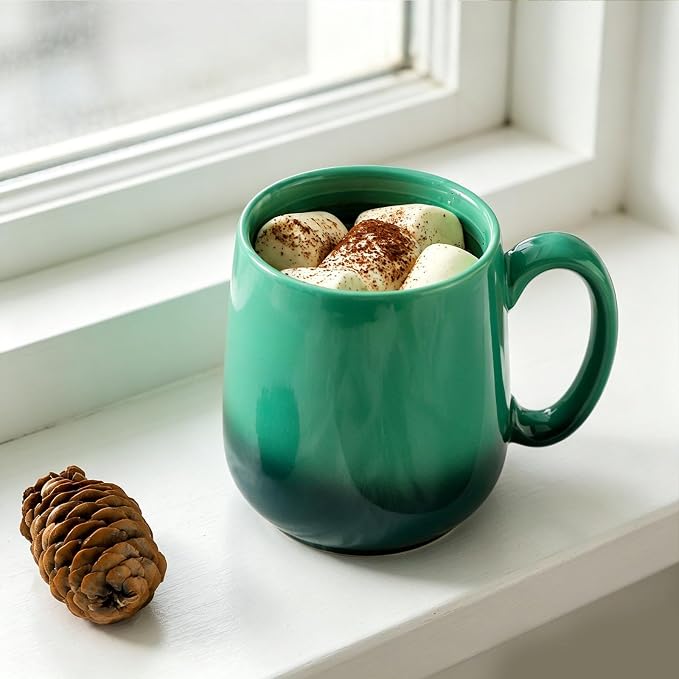 HASENSE 15oz Ceramic Mug Set of 4, Green Ombre Coffee Cups with Handle – Microwave & Dishwasher Safe Large Cappuccino Latte Tea Mugs, Housewarming Gift Idea
