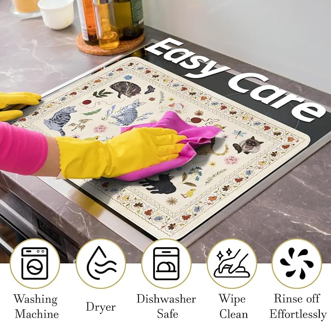 Boho Glass Stove Top Cover for Electric Stoves,Flower Floral Animal Cat Farmhouse Stove Top Cover for Kitchen Decor,Heat Resistant Cooktop Protector Mat,Non-Slip Washable Dish Drying Mat 28"x20"