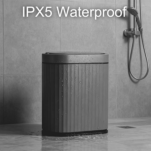 ELPHECO Bathroom Trash Can with Automatic Lid, 2 Gallon, Cement Grey Black | Motion Sensor Garbage Can, IPX5 Waterproof Slim Plastic Wastebasket, Smart Trash Bin for Bedroom, Bathroom and Office