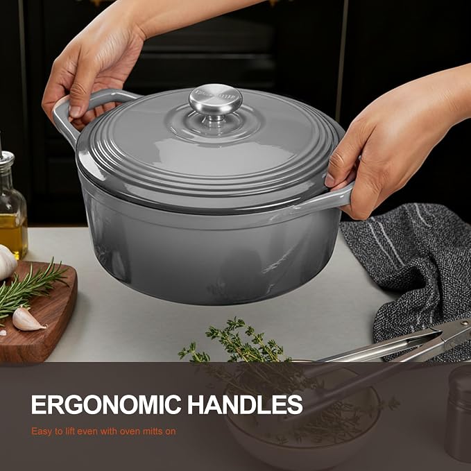 Overmont Enameled Cast Iron Dutch Oven - 5.5QT Pot with Lid Cookbook & Cotton Potholders - Heavy-Duty Cookware for Braising, Stews, Roasting, Sourdough Baking Grey