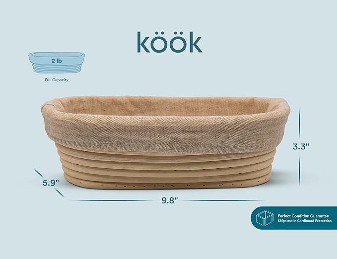 KooK Dutch Oven with Lid, Enameled Cast Iron Bread Baker, Dual Handles, 3.4 Qt, Oval, Includes Banneton Proofing Basket with Liner, Artisan Sourdough Bread Baking Set