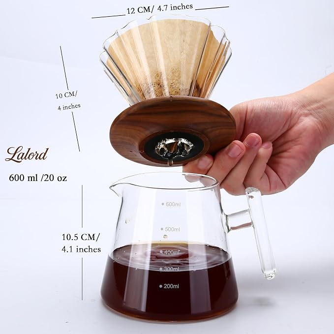 Lalord Pour Over Coffee Maker, 20 oz Borosilicate Glass Set with 100 pcs Paper Filter, Walnut Collar & Glass Lid, Drip Coffee Maker, 1-3 Cups, Clear, 600 ml, Petal Shape