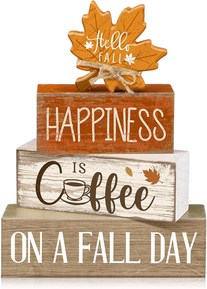 Lineshading 4 Pcs Fall Block Signs, Wooden Farmhouse Tiered Tray Decor | Stackable Rustic Wood Blocks with Maple Leaf Topper, Coffee Happiness Quote, Perfect for Tabletop Mantel Shelf Display