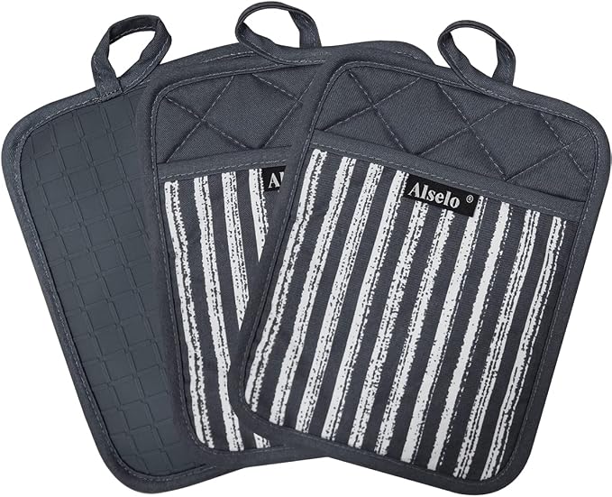Alselo Silicone Pot Holders Set of 3 Heat Resistant & Non Slip Potholders | Professional Oven Hot Pads with Pockets Mitts for Kitchen Cooking Baking Barbecue (Grey 3)