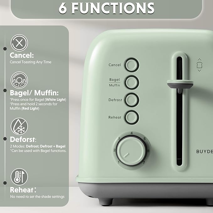 BUYDEEM DT620 2-Slice Toaster, 7 Shade Settings, Extra Wide 1.5'' Slots for Bagel & English Muffin, 6 Toasting Functions, Retro Stainless Steel Toaster with High Lift Lever, Cozy Greenish