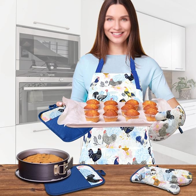 Alselo Oven Mitts and Pot Holders with Chef Apron,Kitchen Set of 5 | Heat Resistant Kitchen Gloves and Silicone Non-Slip Potholders Adjustable Neck Buckle Chef Apron, Rooster Design (Rooster)