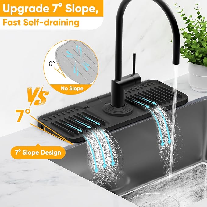 14.6 inch Faucet Mat for Kitchen Sink Splash Guard[7° Slope Fast Self-draining][Snap Lock Fit]Kitchen Sink Faucet Mat Splash Guard Kitchen Sink Area Water Splash Guard Behind Faucet Draining Mat