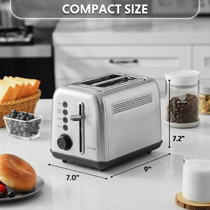BUYDEEM DT620 2-Slice Toaster, 7 Shade Settings, Extra Wide 1.5'' Slots for Bagel & English Muffin, 6 Toasting Functions, Retro Stainless Steel Toaster with High Lift Lever, Silver