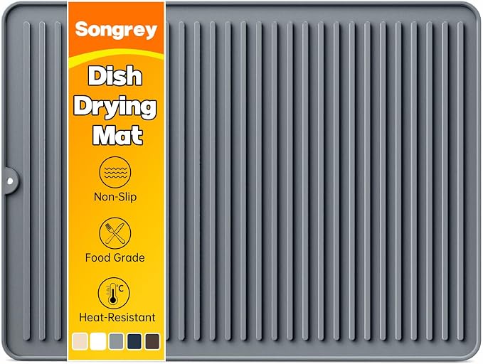Songrey Silicone Dish Drying Mat for Kitchen Counter, 24" x 18", Dark Gray | Drying Pad for Sink Dishes or Under Rack, Multi-Use as Heat Resistant Trivet, Coffee Bar Mat