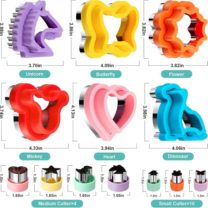 48Pcs Sandwich Cutters & Sealers for Kids Lunch, Cookie Fruit Shape Cutters | Uncrustable Sandwich Maker Vegetable Food Cutter Shapes for Toddlers, Lunch & Bento Box Accessories w/ Heart Dinosaur Unicorn
