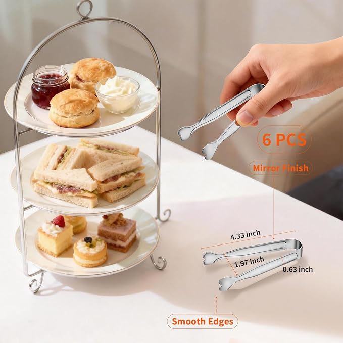 6 Pcs Mini Serving Tongs, 4.3 Inch Heart-Shaped Small Ice Tongs, Food Grade Stainless Steel Silver Tongs for Sugar Cube, Appetizers, Dessert, Tea Party, Home Kitchen, Coffee Bars, Dishwasher Safe