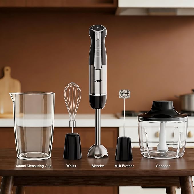 Camic Hand Blender, Cordless Immersion Blender with 6 Speeds, 4 in 1 Portable Mixer Electric Handheld Mixer with Blender, Chopper, Whisk, Frother for Soup, Smoothies, Baby Food and Puree (Black)
