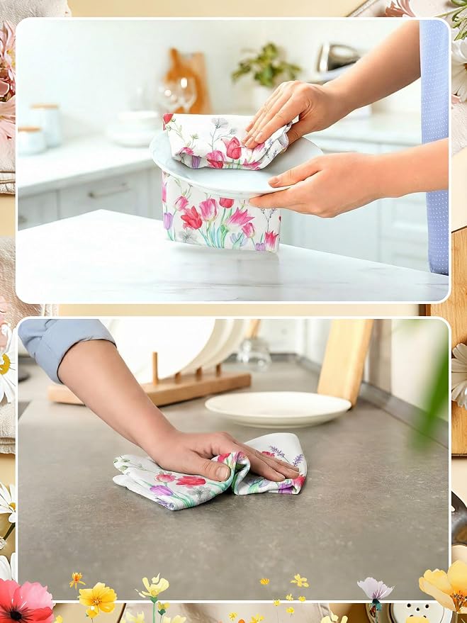 4 Pcs Tulip Kitchen Towels Floral Flower Hand Dish Towels | Pink White Wildflower Fast Drying Decorative Tea Dishcloth Housewarming Gift for Women Home Cooking Kitchen Bathroom Decor