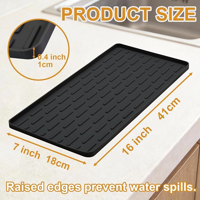 Silicone Coffee Mat 16 x 7 in Classic Black | Coffee bar mat for countertop use Heat-Resistant,Eco-friendly,Hygienic Drying Pad,Leak-Proof and Non-Slip